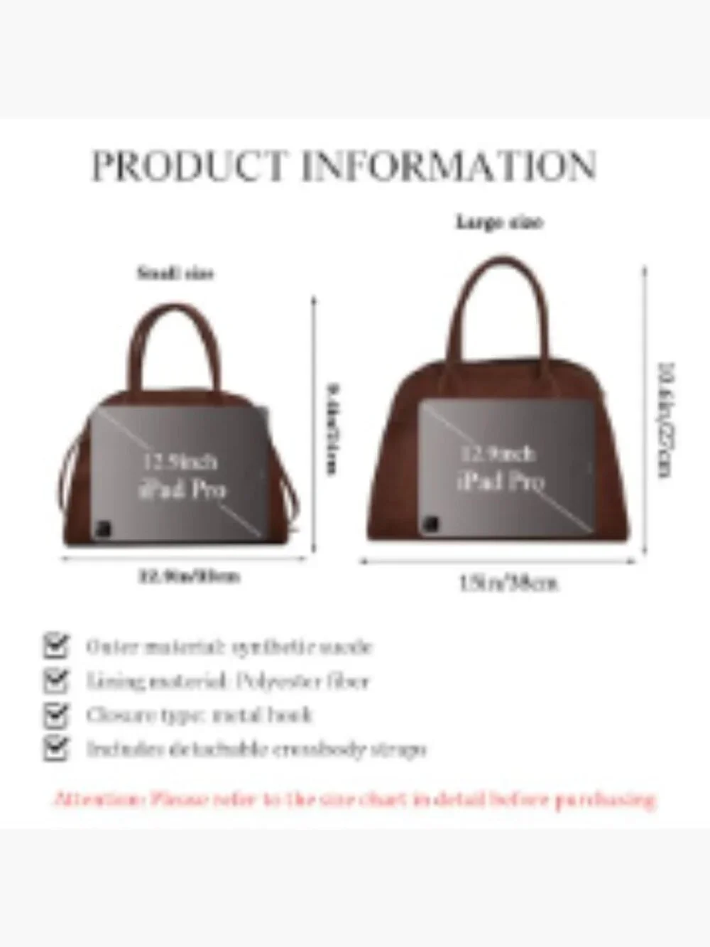 Faux Suede Tote Bag with Detachable Strap - Satchel Handbag